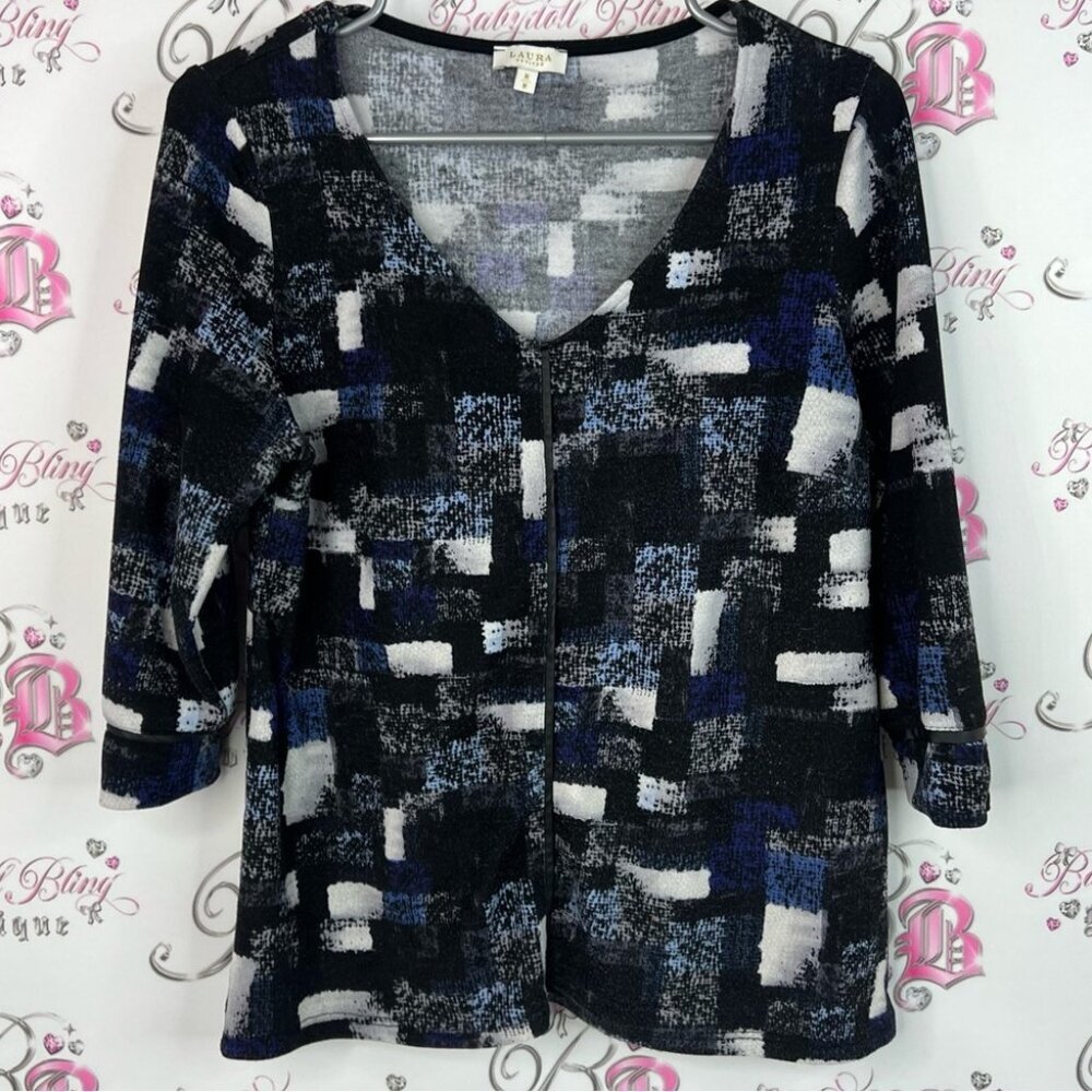 Laura long sleeve top shiny trim details black blue Abstract Patterned Sweater